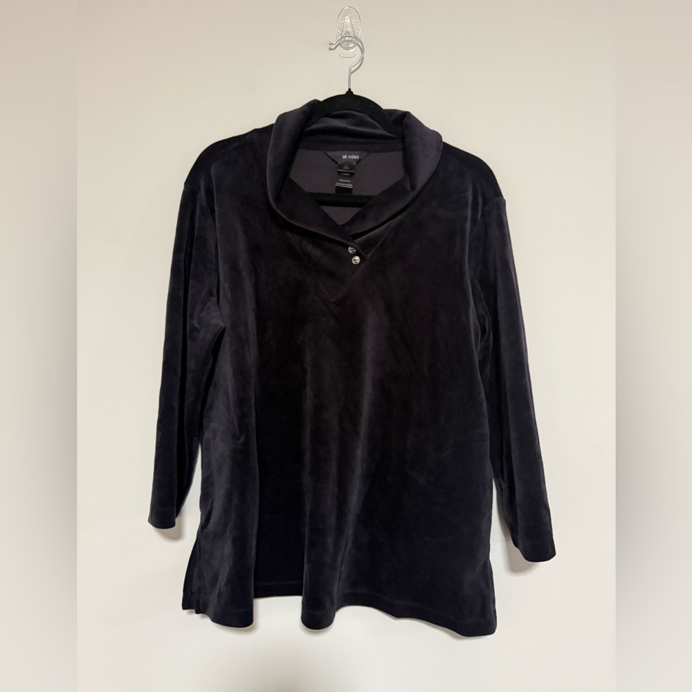 Ali Miles Black Velvet Velour Long Sleeve Cowl Neck Top Size Large Cozy Comfy
